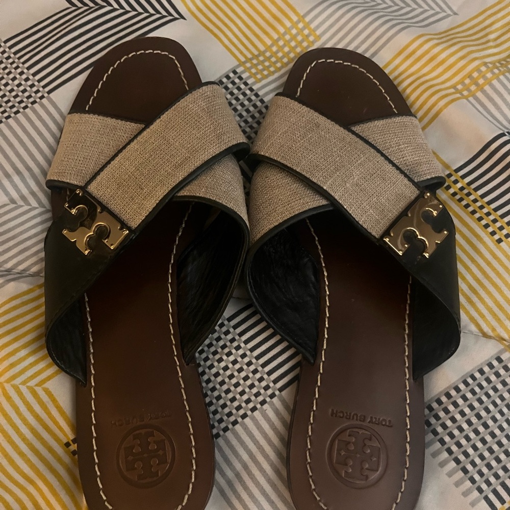 Tory Burch Black and Tan Cross-Strap Sandals